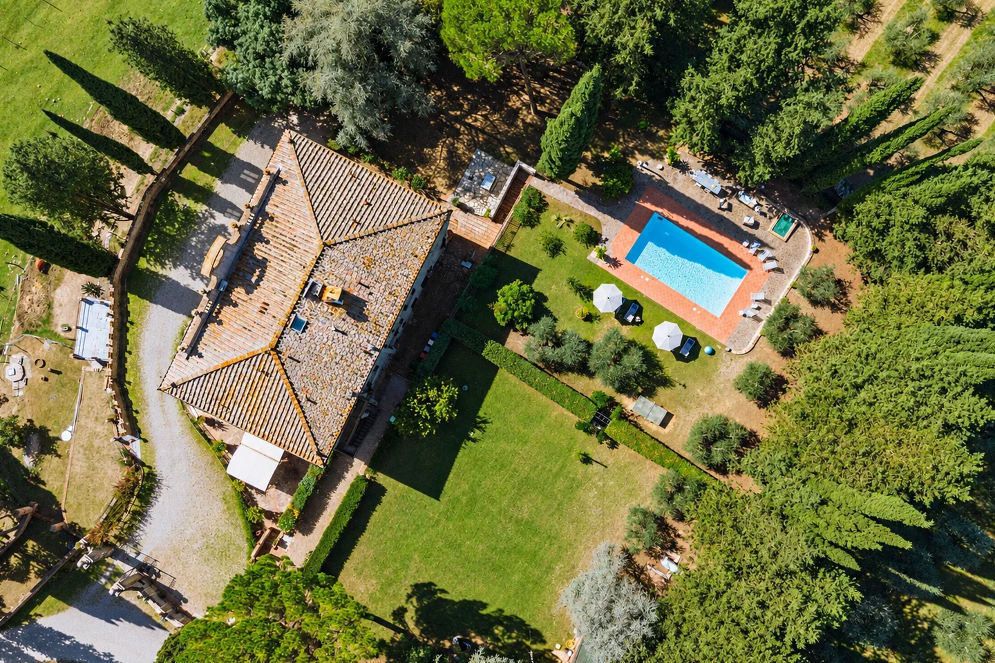 Aerial view of Villa Vianci private pool and garden