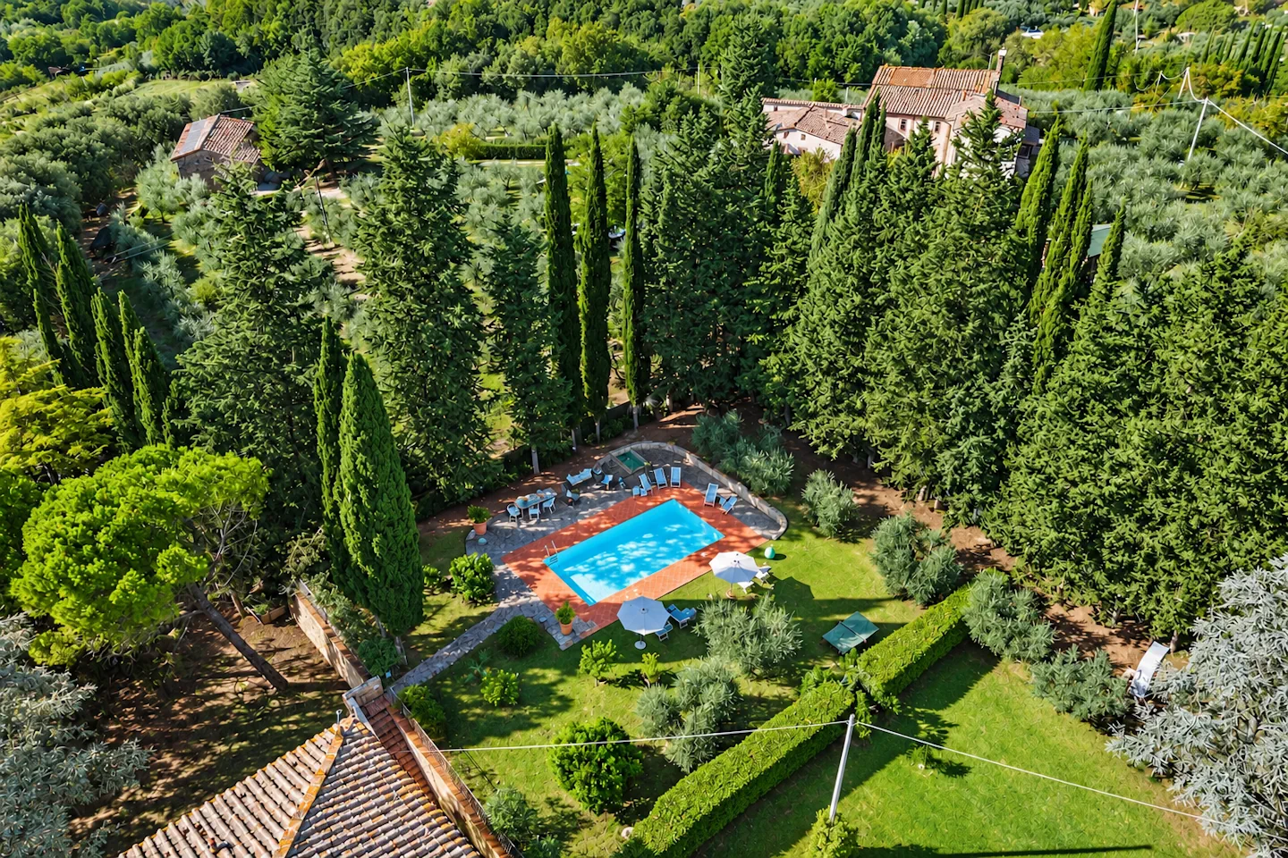 Aerial view of the private pool and gardens at Villa Vianci