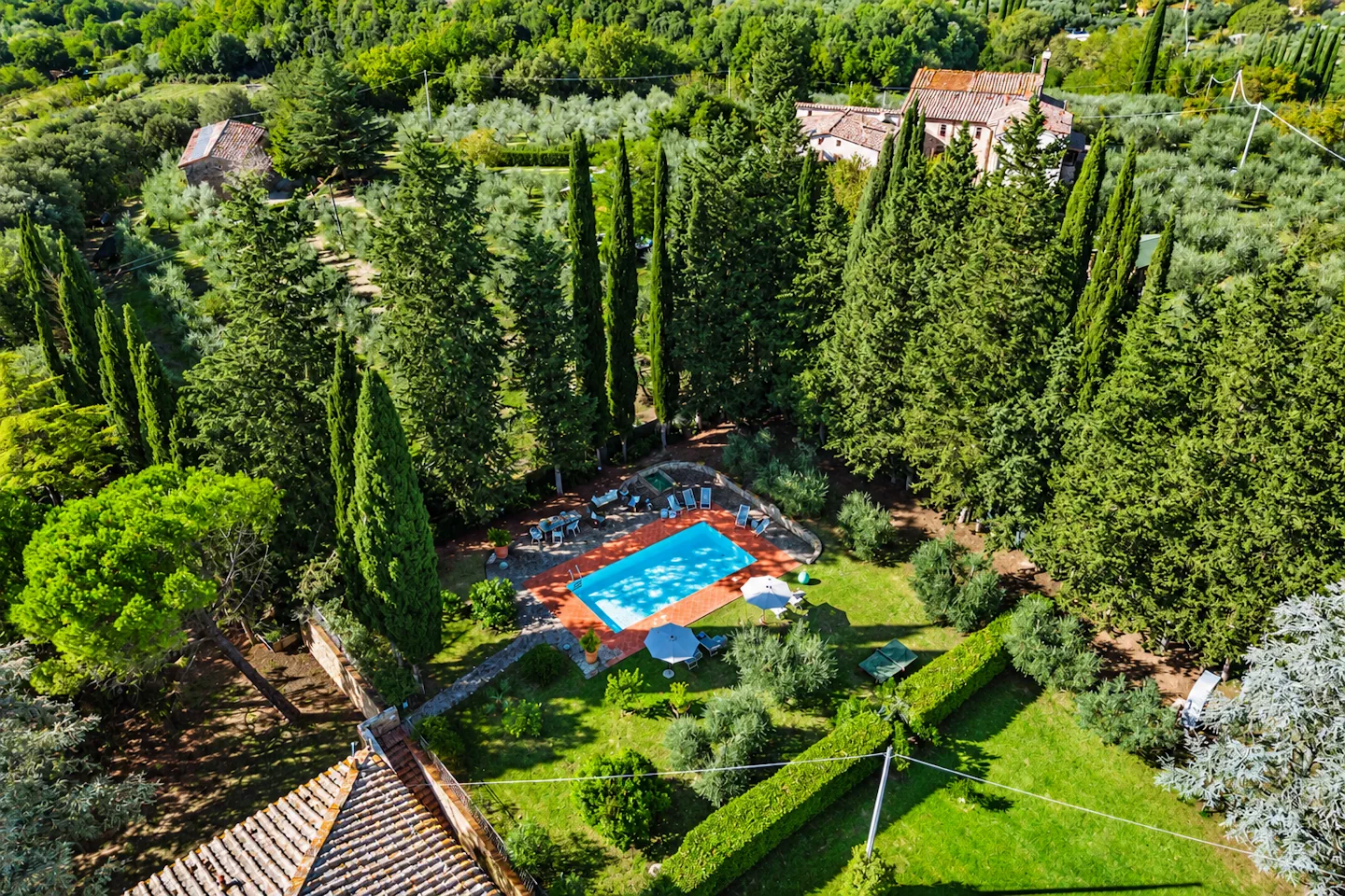 Aerial view of the private pool and gardens at Villa Vianci